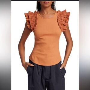 ULLA JOHNSON Lilo Ruffle-Shoulder Knit Top Johnson Terracotta Ruffled Tank Top M